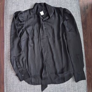 Ann Taylor NWT Black Full Button Front w/ Bow and Puff Shoulder Blouse | Sz 4